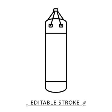 Minimalist tarzda düzenlenebilir bir kum torbası ikonu. Boks malzemeleri, dövüş eğitimi, fitness takımı, dövüş sanatları objesi, egzersiz unsuru, etki aracı, kuvvet sporu, dış hatlar grafiği