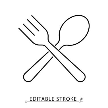 Çatal ve kaşık çizgisi ikonu. Çapraz çatal bıçakların ana hatları. Restoran, yemek, kafe, yemek, yemek, mutfak, misafirperverlik ve mutfak tasarımı için minimalist sembol