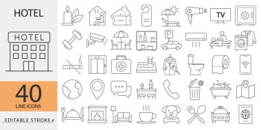 Otel simgeleri düzenlenebilir darbeyle ayarlandı. Bina, kablosuz internet, mini bar, havuz, dinlenme odası, teras, evcil hayvanlar, güvenli taksi, pasaport, restoran dahil 40 sembolün ana hatları..
