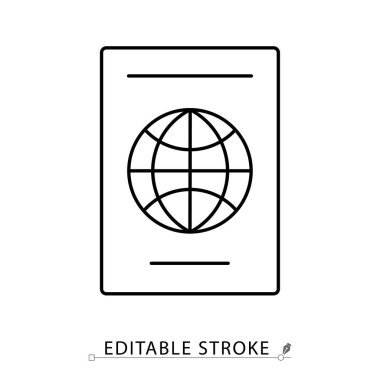 Pasaport çizgisi simgesi ve düzenlenebilir vuruş. Dünya sembollü seyahat belgelerinin ana hatları. Kimlik, vize, sınır denetimi, uluslararası seyahat ve turizm tasarımı için minimalist imza