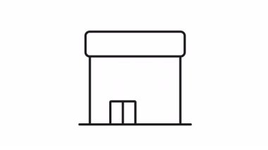 Ana hatları simge şeklinde bir otel binasının minimalist animasyonu. İşaret ışığı yanıyor ve kapılar açılıp kapanıyor. Siyah çizgiler, beyaz arkaplan, alfa kanalı, üstüste