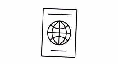 Taslak simge şeklinde dünya sembollü bir pasaportun minimalist animasyonu. Döngülü hareket, alfa kanal, üst üste, siyah çizgiler, beyaz arkaplan, seyahat kavramı, tanımlama belgesi