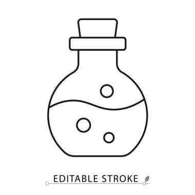 Minimalist tarzda düzenlenebilir bir iksir ikonu. Simya iksiri, fantezi zehir şişesi, cadılık sıvısı, kimya laboratuarı ekipmanları, sihirbazlık birası, oyun sembolü.