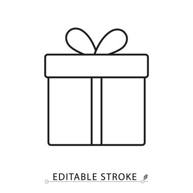 Minimalist çizgi tarzında düzenlenebilir bir hediye kutusu simgesi. Tatil hediyesi, doğum günü sürpriz paketi, parti kutlaması, Noel alışverişi, etkinlik ödülü, sevgililer günü aşk sembolü