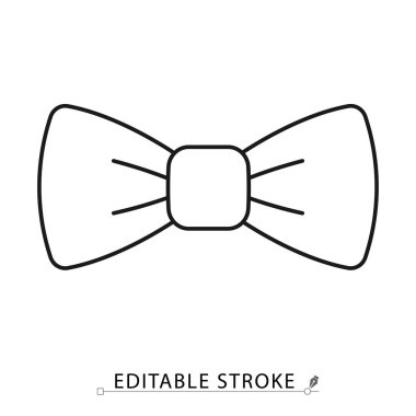 Yay kravat ikonu, minimalist çizgi tarzında, düzenlenebilir vuruşlu. Klasik beyefendi aksesuarı, resmi moda tarzı, şık erkek kıyafeti, damat kıyafeti, parti kutlaması.