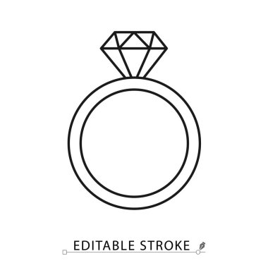Minimalist bir çizgi tarzında düzenlenebilir bir elmas yüzük ikonu. Nişan mücevherleri, evlilik teklifi, lüks aksesuar, pahalı mücevher hediyesi, aşk ve romantizm sembolü, evlilik.