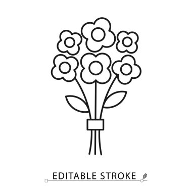 Bir gelin buketi simgesi, minimalist çizgi şeklinde ve düzenlenebilir bir vuruşla. Düğün çiçeği aranjmanı, çiçek hediyesi, evlilik töreni dekorasyonu, romantik doğa sembolü, kutlama.
