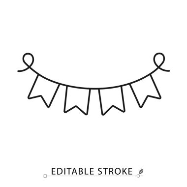 Bir parti, düzenlenebilir darbeyle, minimalist çizgi tarzında bir çelenk ikonuna işaret eder. Tatil kutlaması dekorasyonu, doğum günü afişi, festival bayrağı, karnaval dekorasyonu.