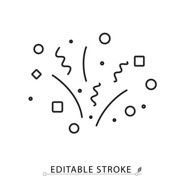 Patlayan bir konfeti ikonu, minimalist çizgi tarzında, düzenlenebilir vuruşlu. Parti kutlaması, doğum günü sürprizi, festival dekorasyonu, karnaval etkinliği, mutlu tatiller.