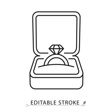 Minimalist çizgi tarzında düzenlenebilir bir dokunuşla kutu simgesinde elmas bir yüzük. Evlilik teklifi, nişan mücevheri, düğün sürprizi, değerli mücevher hediyesi, aşk ve romantizm sembolü.