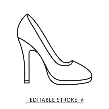 A high heel shoe icon in a minimalist line style with editable stroke. Woman fashion accessory, elegant footwear, female glamour style, wedding party clothing, formal event shoe