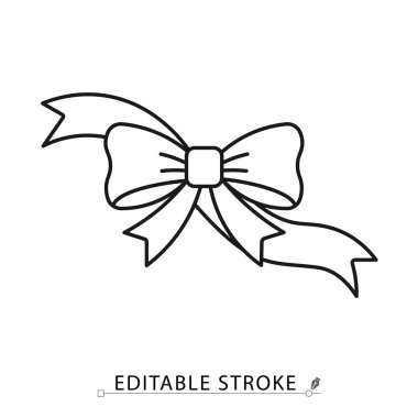 A decorative ribbon bow icon in a minimalist line style with editable stroke. Gift wrapping, celebration decoration, birthday surprise, holiday present, wedding party accessory