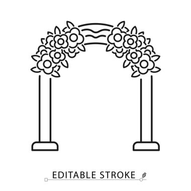 A wedding arch icon in a minimalist line style with editable stroke. Floral ceremony decoration, marriage celebration gate, romantic event altar, garden party entrance, love symbol
