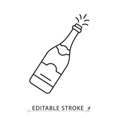 Minimalist çizgi şeklinde düzenlenebilir bir şampanya şişesi ikonu. Kutlama içkisi, parti alkolü, düğün etkinliği, yeni yıl köpüklü şarap, lüks yıldönümü tostu.