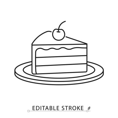 Minimalist çizgi tarzında düzenlenebilir bir pasta ikonu. Tatlı tatlı, doğum günü partisi yemeği, pastane pastası, lezzetli şekerlemeler, kirazlı kutlama parçası.