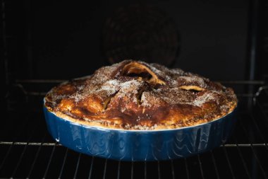 Ev yapımı elmalı turta güzel bir seramik mavi tabakta fırında yeni pişmiş..