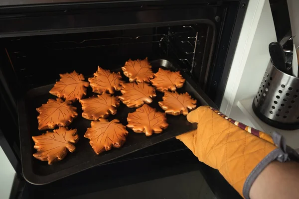 Gingerbread cookies with orange icing in the shape of fallen autumn leaves freshly baked out of the oven. Chef's hand in an oven mitt putting cookies out of the oven