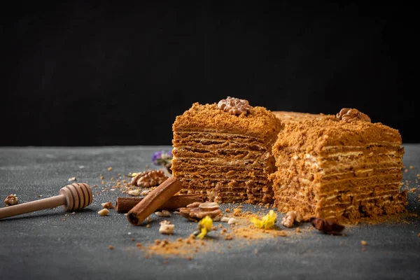 Traditional honey cake with walnuts and cinnamon on grey concrete background. Square slice of layered cake with honey base and white sour cream filling.