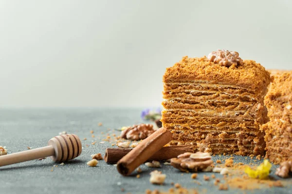 Traditional honey cake with walnuts and cinnamon on white background. Square slice of layered cake with honey base and white sour cream filling.