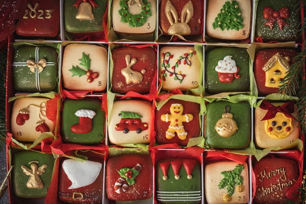 Delicious Christmas Cookies Set Gift Box Advent Calendar Count Days — Stock Photo, Image