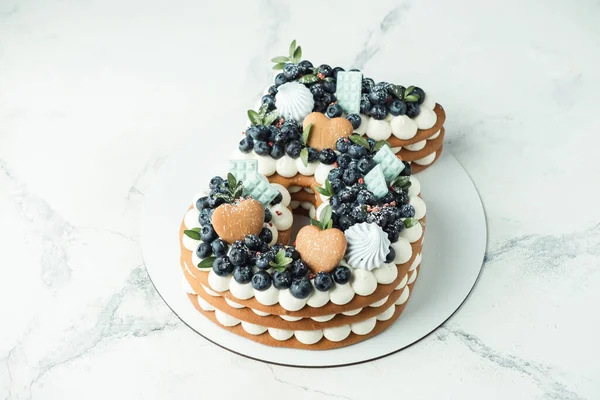 Birthday Layered Cake Shape Digit Cream Cheese Filling Decorated Blueberries — Stock Photo, Image