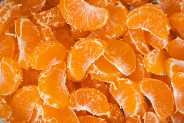 Orange Juicy Tangerine Slices Textured Background Flat Lay Fresh Summer — Stock Photo, Image