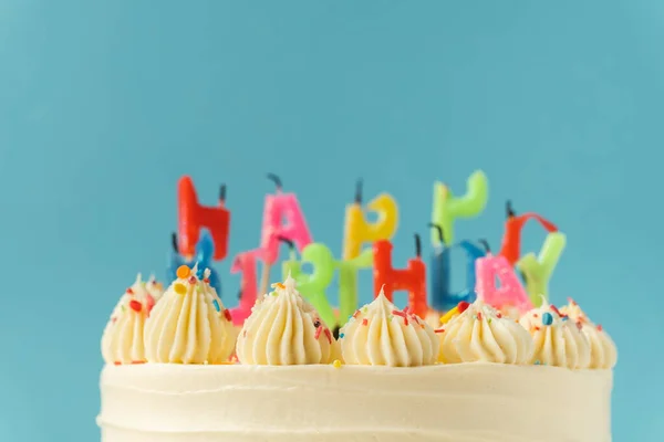 Birthday Cake White Cream Cheese Frosting Decorated Multicolored Lit Happy — 스톡 사진