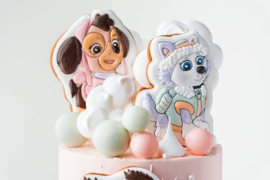 KYIV, UKRAINE - 23 Ocak: Paw Patrol karakterleri şeklinde zencefilli kurabiyelerle süslenmiş pembe krem peynirli pasta. Pati Devriyesi yavruları olan küçük bir kız için kek.