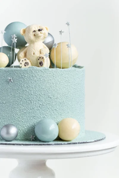 Cake Blue Turquoise Velvet Cream Coating Teddy Bear Top Birthday — Foto de Stock