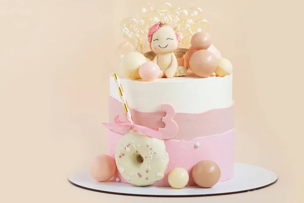 Születésnapi Torta Egy Lány Rózsaszín Pasztell Krémsajt Cukormáz Díszített Egyszarvú — Stock Fotó