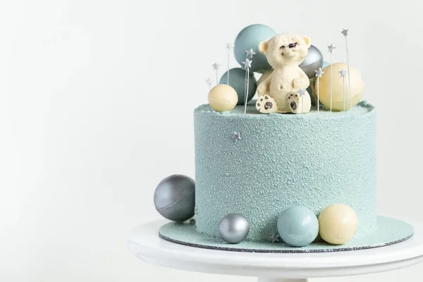 Cake Blue Turquoise Velvet Cream Coating Teddy Bear Top Birthday — Stockfoto