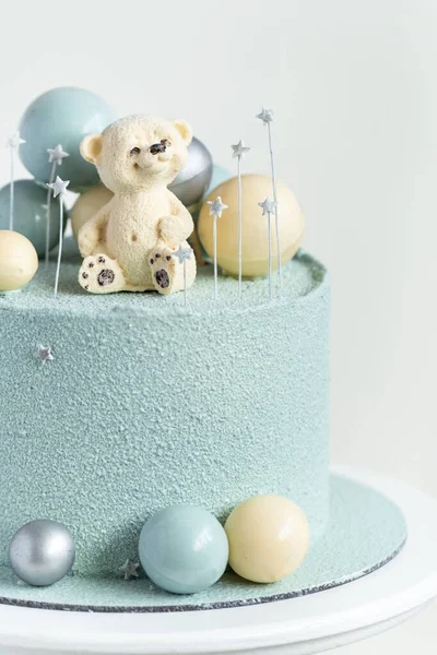 Cake Blue Turquoise Velvet Cream Coating Teddy Bear Top Birthday — Stock Photo, Image