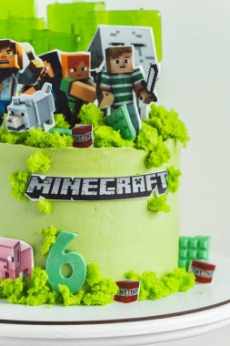 KYIV, UKRAINE - Nisan 02: Minecraft oyununun beyaz arka plandaki bir hayranı için doğum günü pastası. Yenilebilir yeşil çimenler ve karamelli şekerlerle süslenmiş bir av köpeği için kek.