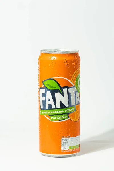 stock image KYIV, UKRAINE - May 12: Close up shot of classic Fanta orange can on the white background. Popular product of The Coca-Cola company advertisement. Cold drink concept