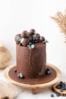 Çikolata kadife spreyli kahverengi çikolatalı kek çikolata küreleri, yabanmersini ve altın spreyle süslenmiş. Tahta pasta tezgahında beyaz arka planda doğum günü pastası.