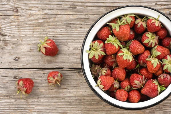 Vintage White Enamel Bowl Full Freshly Picked Ripe Red Strawberries — Stock Photo, Image