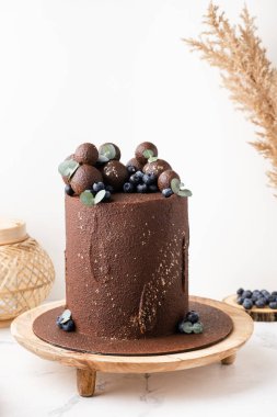 Çikolata kadife spreyli kahverengi çikolatalı kek çikolata küreleri, yabanmersini ve altın spreyle süslenmiş. Tahta pasta tezgahında beyaz arka planda doğum günü pastası.