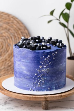 Yaban mersinli ve gümüş kandurinle kaplı mavi krem peynirli doğum günü pastası. Beyaz arkaplanda kozmik pasta ya da uzay temalı pasta.