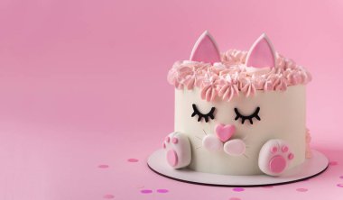 Kedi şeklinde şirin bir doğum günü pastası. Pembe arka planda pembe krem kürkle süslenmiş mastik kulakları ve pençeleri var. Kedileri seven küçük bir kız için sevimli bir pasta.