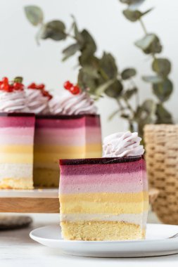 Krema katmanları kırmızı frenk üzümü ve çırpılmış kremayla süslenmiş farklı kremalı yaz pastası..