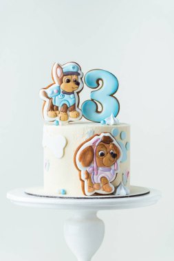 Kyiv, Ukrayna - 11 Kasım: Paw Patrol dizisinin 3 yaşındaki küçük bir hayranı için beyaz doğum günü pastası.
