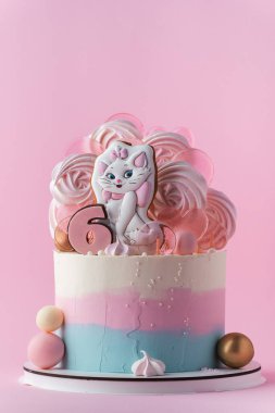 KYIV, UKRAINE - Ocak 06: Altı yaşındaki küçük bir kız için doğum günü pastası kremalı pasta ve Disney karakteri Marie şeklinde zencefilli kurabiye. Pembe arkaplan