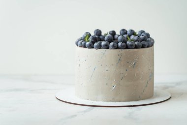 Üzerinde renkli spreyler ve yaban mersiniyle süslenmiş gri çikolatalı tatlı pasta. Beyaz arkaplan