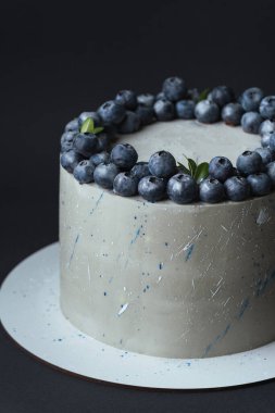 Üzerinde renkli spreyler ve yaban mersiniyle süslenmiş gri çikolatalı tatlı pasta. Siyah arkaplan