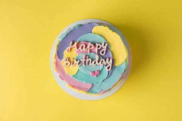 Flat Lay Birthday Cake Colorful Cream Cheese Smears Happy Birthday — Stock Photo, Image
