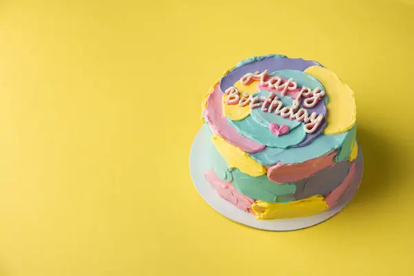 Birthday Cake Colorful Cream Cheese Smears Happy Birthday Text Top — Stock Photo, Image