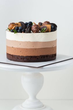 Sünger bisküvili çikolatalı sufle keki ve beyaz arka planda kurabiye, şeker ve yabanmersinli üç çikolatalı krema katmanı.