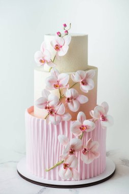 Pembe orkide çiçekleriyle süslenmiş kadife çikolata kaplı üç katlı güzel bir pasta. Beyaz arka planda düğün pastası