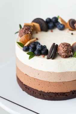 Sünger bisküvili çikolatalı sufle keki ve beyaz arka planda kurabiye, şeker ve yabanmersinli üç çikolatalı krema katmanı.