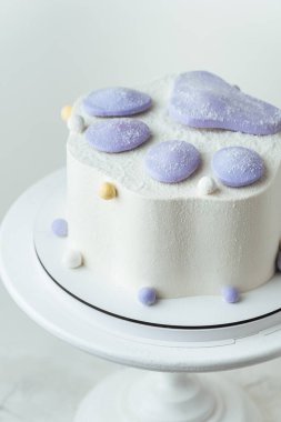 Beyaz arka planda modaya uygun, yumuşak, yumuşak bir pençe şeklinde doğum günü pastası. Beyaz krem peynirli kremalı bir çocuk için Taba pençesi şeklinde pasta.